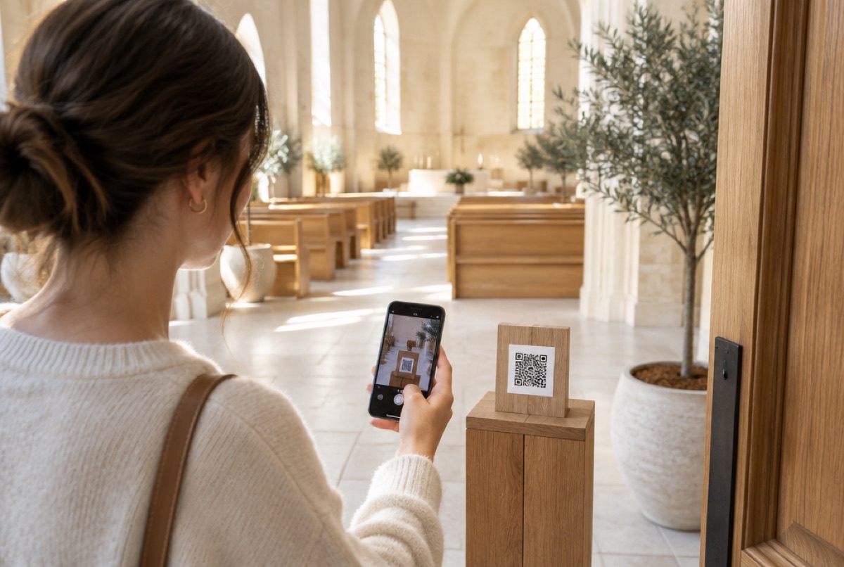 Besucherin scannt den QR-Code am Kircheneingang