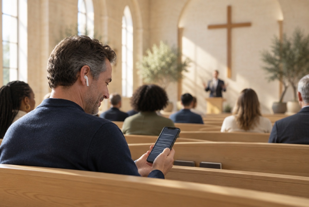 Gottesdienstbesucher folgt der Übersetzung mit Ohrhörer und Handy