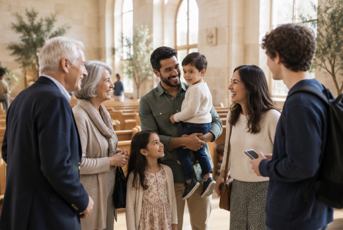 Menschen verschiedener Herkunft begegnen sich nach dem Gottesdienst
